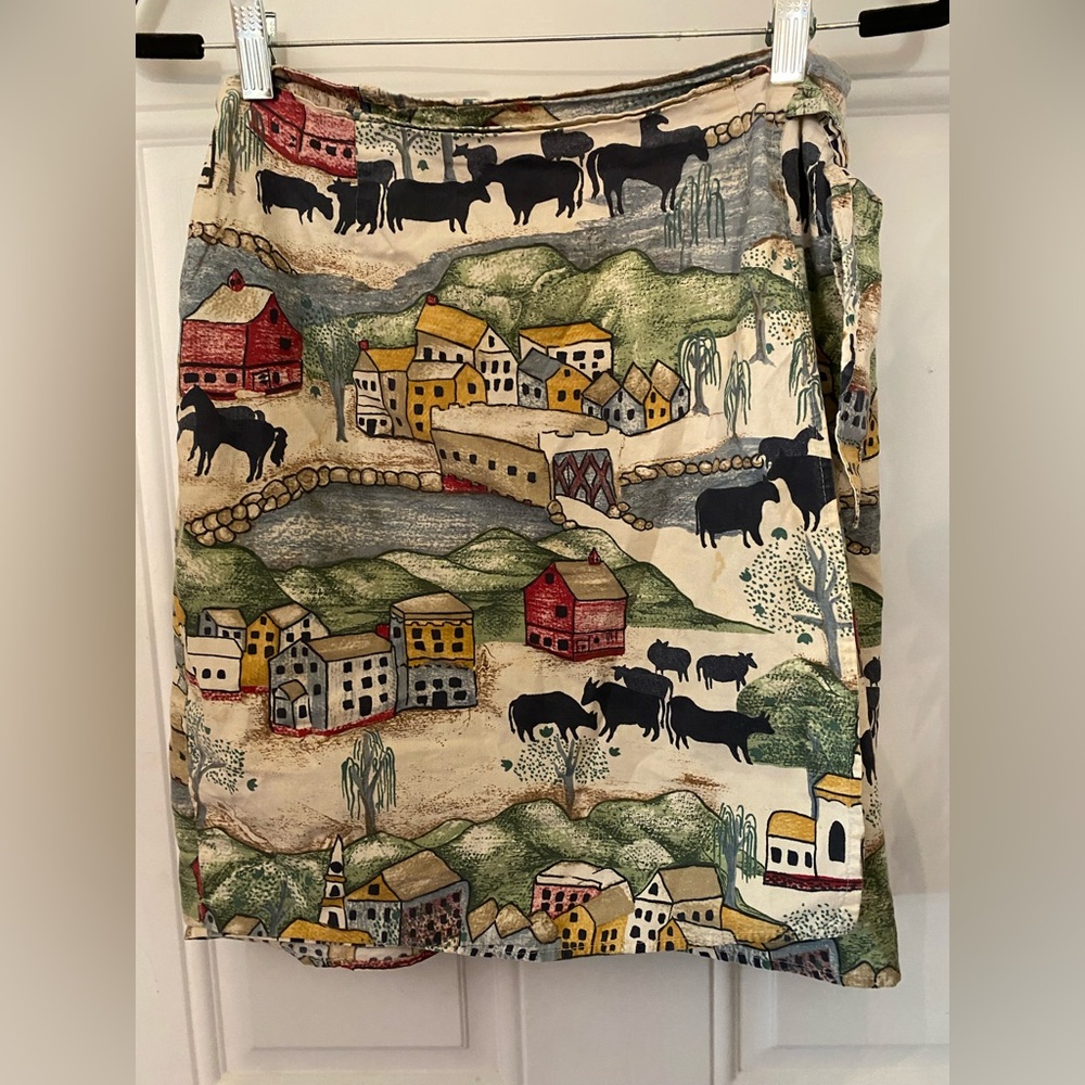 Vintage On the Verge Primitive Folk Western Cows Village Wrap Skirt -Made in USA